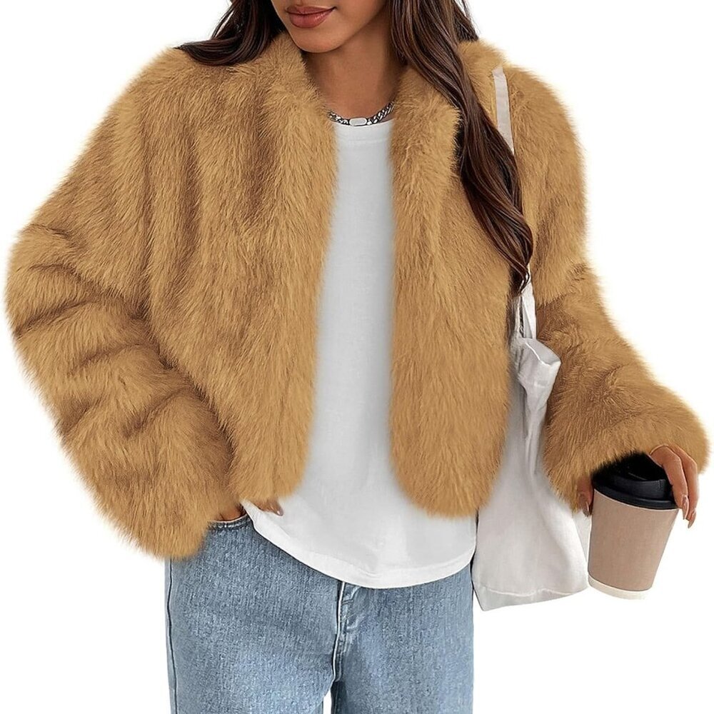 Women's Yellow Winter Coat Fluffy Cropped Faux Fur Jacket Long Sleeve Open Front